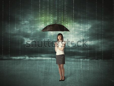 [[stock_photo]]: Femme · d'affaires · permanent · parapluie · protection · des · données · affaires · femme
