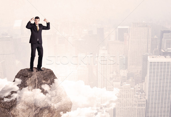 Happy businessman standing on stone top Stock photo © ra2studio