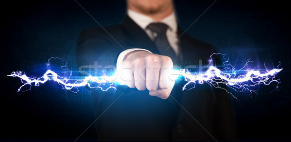 Stock foto: Geschäftsmann · halten · Strom · Licht · Bolzen · Hände