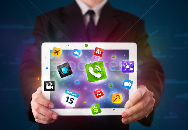 Stockfoto: Jonge · zakenman · tablet · moderne · kleurrijk