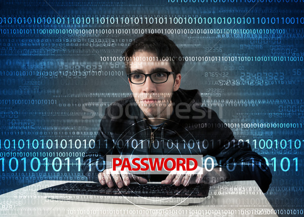 Stockfoto: Jonge · geek · hacker · wachtwoord · futuristische