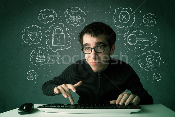 Stock photo: Young nerd hacker with virus and hacking thoughts