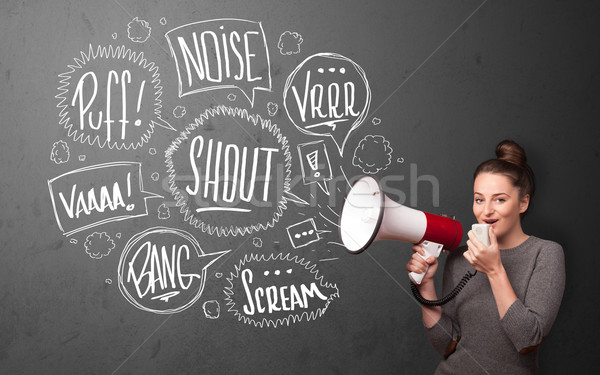 Girl yelling into megaphone and hand drawn speech bubbles come o Stock photo © ra2studio