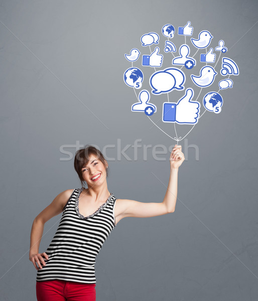 Stockfoto: Mooie · vrouw · sociale · icon · ballon · jonge