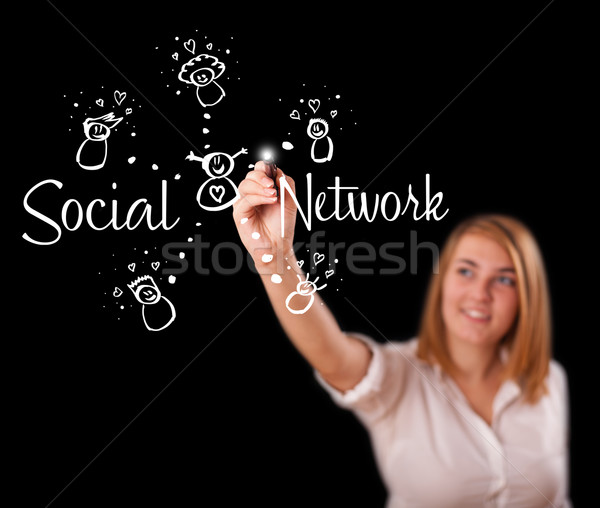 Woman draving social network theme on whiteboard Stock photo © ra2studio