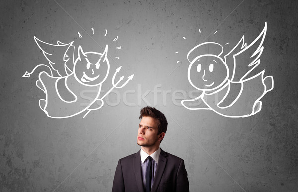 Geschäftsmann stehen Engel Teufel jungen Zeichnungen Stock foto © ra2studio
