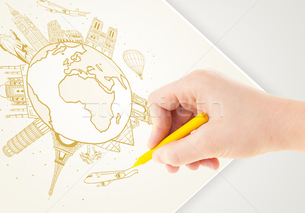 Hand drawing vacation trip around the globe with landmarks and major cities  Stock photo © ra2studio