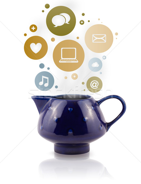 Koffie pot social media iconen kleurrijk bubbels Stockfoto © ra2studio