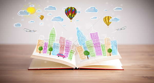 Stadsgezicht tekening Open boek kleurrijk hemel papier Stockfoto © ra2studio