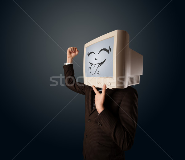 Szczęśliwy człowiek biznesu monitor komputerowy ekranu uśmiech Zdjęcia stock © ra2studio