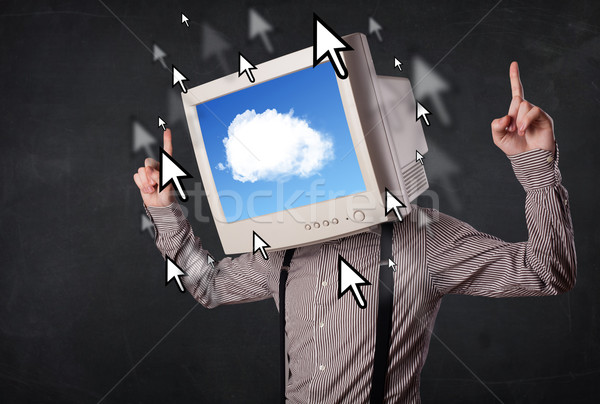 Business man with a monitor on his head, cloud system and pointe Stock photo © ra2studio