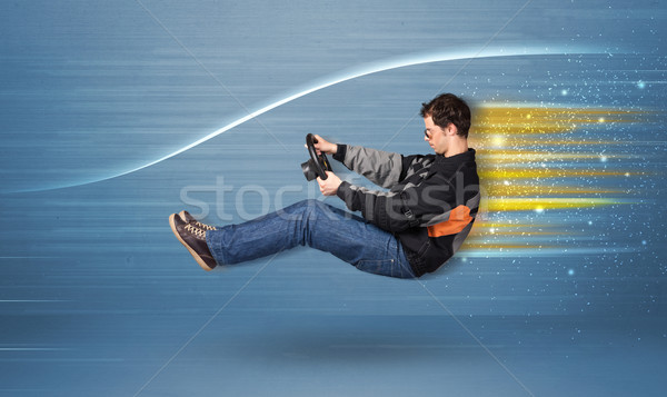 Stockfoto: Jonge · man · rijden · denkbeeldig · snel · auto · wazig