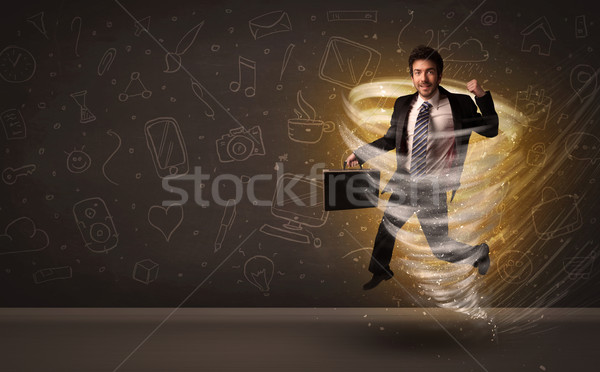 Szczęśliwy biznesmen skoki tornado brązowy działalności Zdjęcia stock © ra2studio