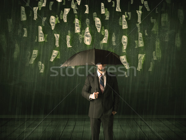 Businessman standing with umbrella in dollar bill rain concept Stock photo © ra2studio