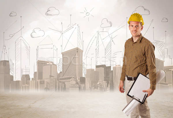 Business engineer planing at construction site with city backgro Stock photo © ra2studio