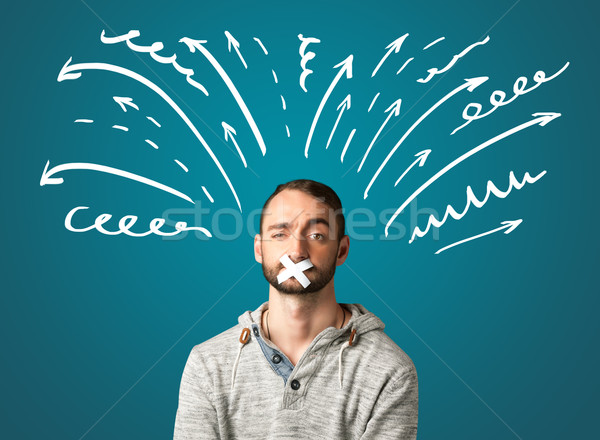 Fiatalember száj fehér rajzolt vonalak nyilak Stock fotó © ra2studio