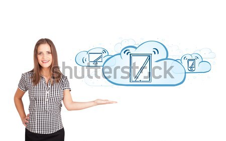 young woman presenting modern devices in clouds Stock photo © ra2studio