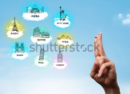 Cheerful finger smileys with sightseeing landmarks icons Stock photo © ra2studio
