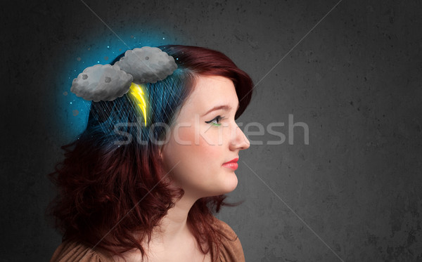 Jong meisje onweersbui bliksem hoofdpijn illustratie business Stockfoto © ra2studio