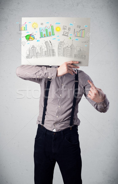 Businessman holding a paper with charts and cityscape in front o Stock photo © ra2studio