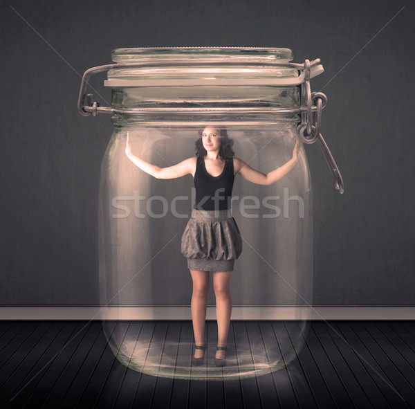 Geschäftsfrau gefangen Glas jar Raum Finanzierung Stock foto © ra2studio