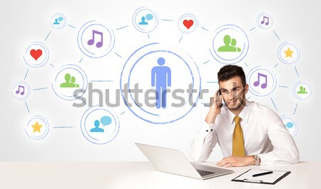Iş adamı sosyal medya bağlantı işadamı oturma beyaz Stok fotoğraf © ra2studio