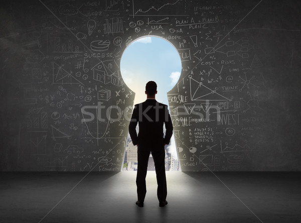 Business man looking at keyhole with bright cityscape concept  Stock photo © ra2studio