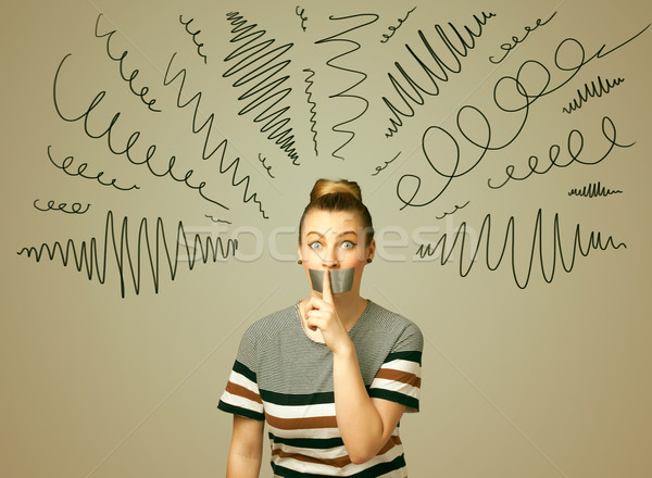 Young woman with glued mouth and curly lines Stock photo © ra2studio