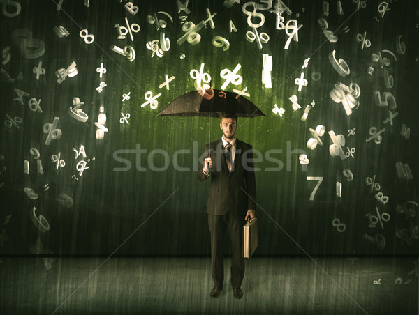 Stock foto: Geschäftsmann · stehen · Dach · 3D · Zahlen · regnet