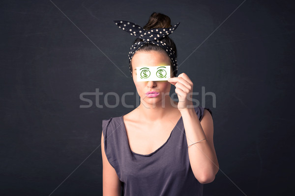 年輕的女孩 紙 綠色 美元符號 面對 商業照片 © ra2studio
