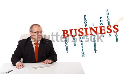 businessman sitting at desk and holding a mobilephone with business word cloud, isolated on white Stock photo © ra2studio