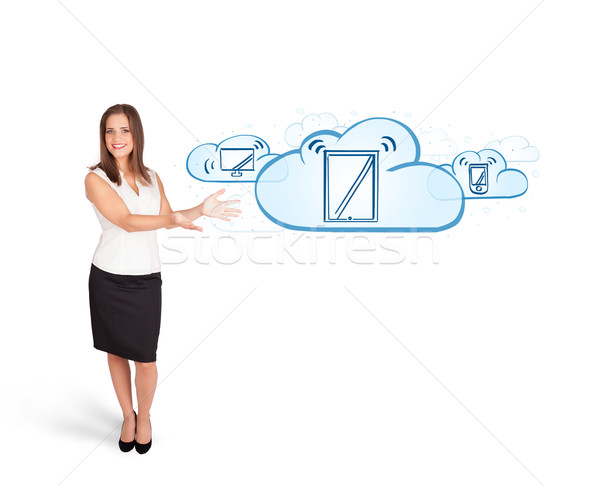 Stockfoto: Jonge · vrouw · presenteren · moderne · wolken · geïsoleerd