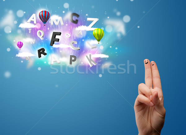 Happy cheerful smiley fingers looking at colorful magical clouds and balloons illustration Stock photo © ra2studio