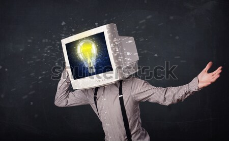 Foto stock: Monitor · de · computador · tela · jovem · pessoas · cabeça · computador
