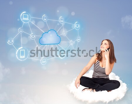 Happy woman sitting on cloud with cloud computing Stock photo © ra2studio