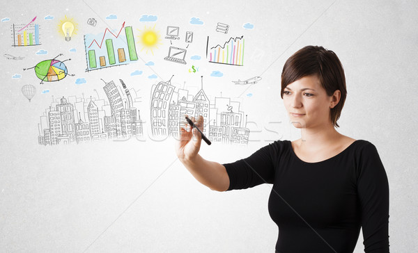 Stock photo: Cute woman sketching city and graph icons