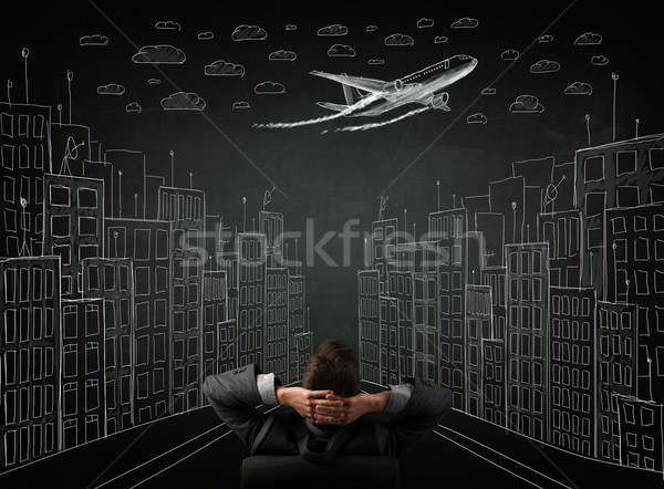 [[stock_photo]]: Jeunes · affaires · séance · chaise · de · bureau · regarder · cityscape