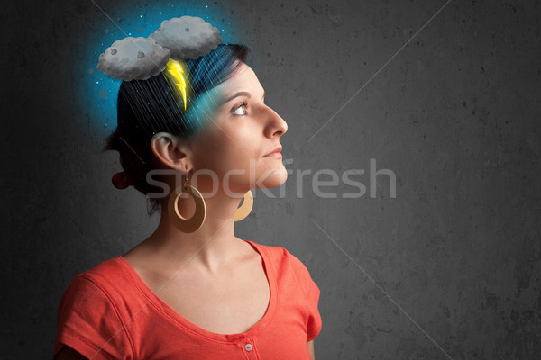 Jong meisje onweersbui bliksem hoofdpijn illustratie man Stockfoto © ra2studio