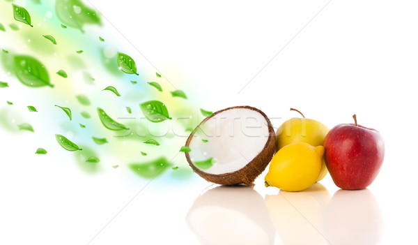 Stock photo: Colorful fruits with green organic leafs