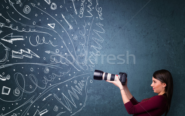 Fotografen Schießen Bilder energetische Hand gezeichnet Zeilen Stock foto © ra2studio