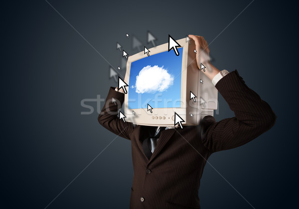 Business man with a monitor on his head, cloud system and pointe Stock photo © ra2studio