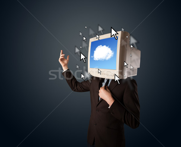 Business man with a monitor on his head, cloud system and pointe Stock photo © ra2studio