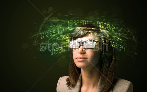 Mulher de negócios olhando alto tecnologia número computador Foto stock © ra2studio