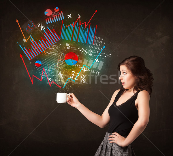 Businesswoman holding a white cup with diagrams and graphs Stock photo © ra2studio