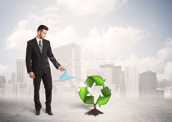 Business man watering green recycle sign tree on city background Stock photo © ra2studio