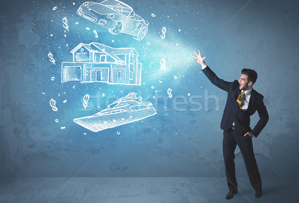 Rich person throwing hand drawn car yacht and house Stock photo © ra2studio