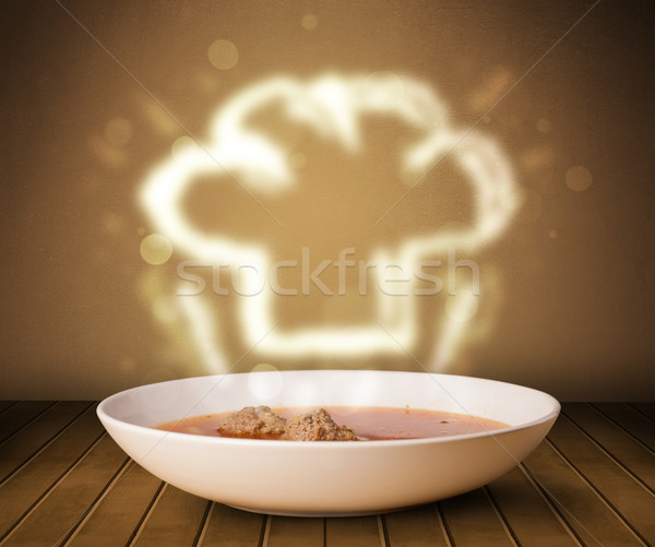 Foto stock: Tazón · sopa · chef · cocinar · sombrero · vapor