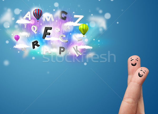 Happy cheerful smiley fingers looking at colorful magical clouds and balloons illustration Stock photo © ra2studio