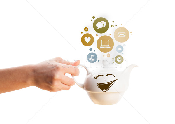 Stock photo: Coffe pot with social and media icons in colorful bubbles