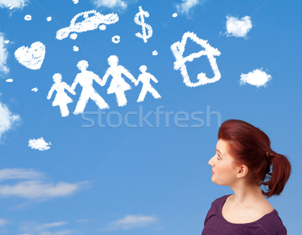 Stock foto: Junge · Mädchen · Träumerei · Familie · Haushalt · Wolken · blauer · Himmel